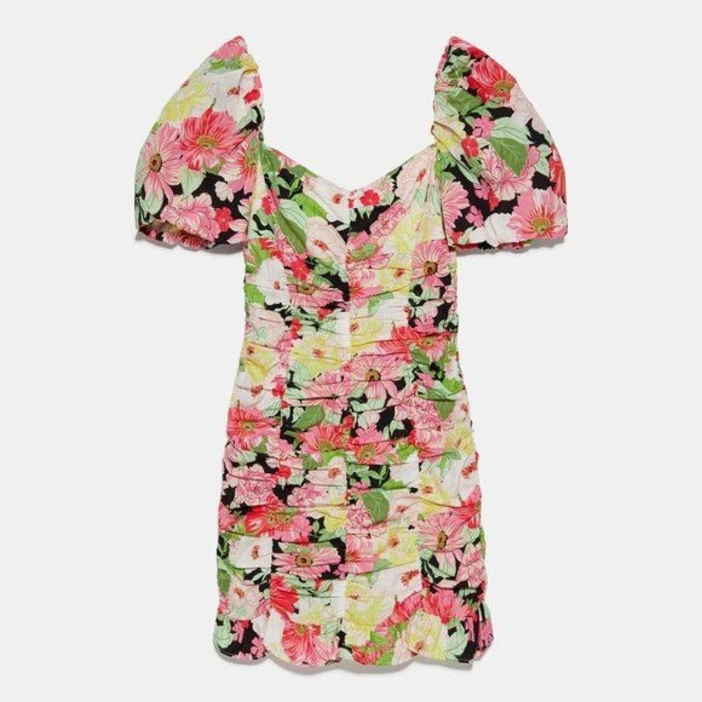 Zara Smocked Floral Ruched Puff Sleeve Mini Dress XS - Picture 3 of 11